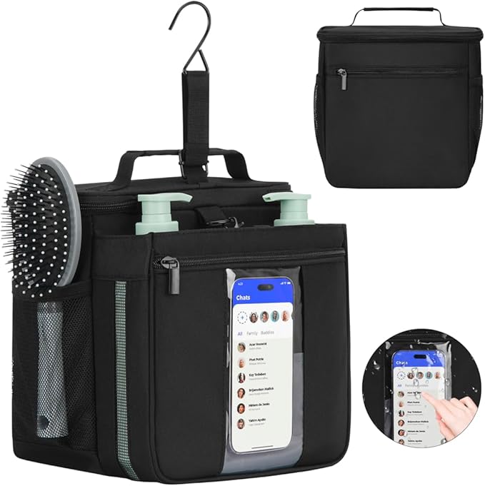 Shower Caddy Dorm Portable 2 Compartment Shower Bag Quick Dry,College Dorm Room Essentials for Guys Girls,Hanging Shower Organizer for Camping,Gym,Men,Women,Black