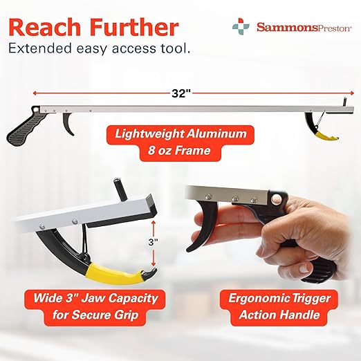 Sammons Preston Reacher, 32" Lightweight Grabber Reacher Tool with Magnetic Tip, Ergonomic Grip & Claw Jaw, Portable Reaching Aid for Seniors, Daily Living & Home Use, Standard Silver