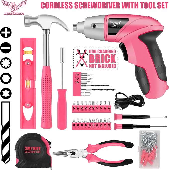 JENABOM Cordless Electric Screwdriver, Power Screw Driver Set with Pink Compact Tool Kit for Small Repair and Maintenance- Ideal Housewarming Gift, 112Pcs