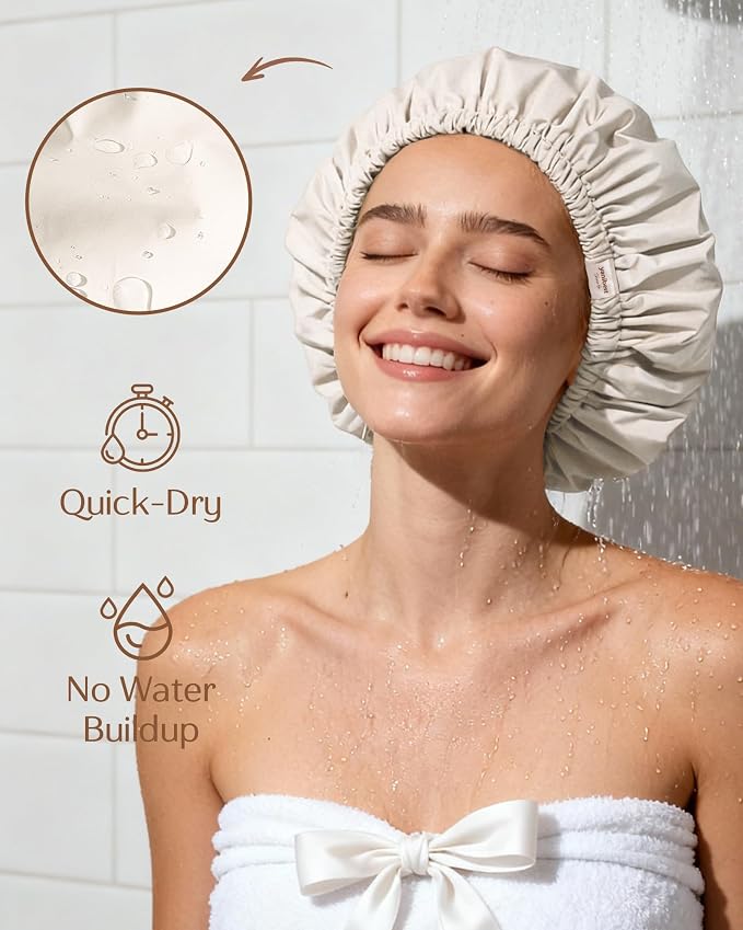Yanibest Satin Lined Shower Cap for Women Reusable Waterproof, Frizz Free & Large Bath Cap with Soft Elastic Band, Luxury Hair Protection Caps (Beige)