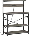 SUPERJARE Bakers Rack with Power Outlets, Microwave Stand, 39.4 X 14.3 Inch Larger Desktop, Kitchen Storage Rack with Adjustable Middle Shelf, 6 S-Shaped Hooks, Coffee Bar Stand, Grey