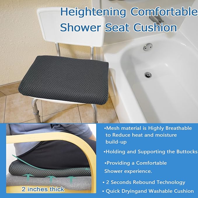 REEZEIVI Shower Seat Cushion with Non-Slip Silicone Bottom,Soft 4D Mesh Fabric,Bathtub Chair Pad for Elderly,Quick Drying and Washable Shower Seat Mat, Design for Elderly, Senior, Handicap,Disabled