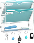 Wall File Organizer - Hanging File Organizer with 5 Hooks, Mail Holder Wall Mounted for Papers, Folders, Magazines, Bills, 3 Tier Office&School Organization, White