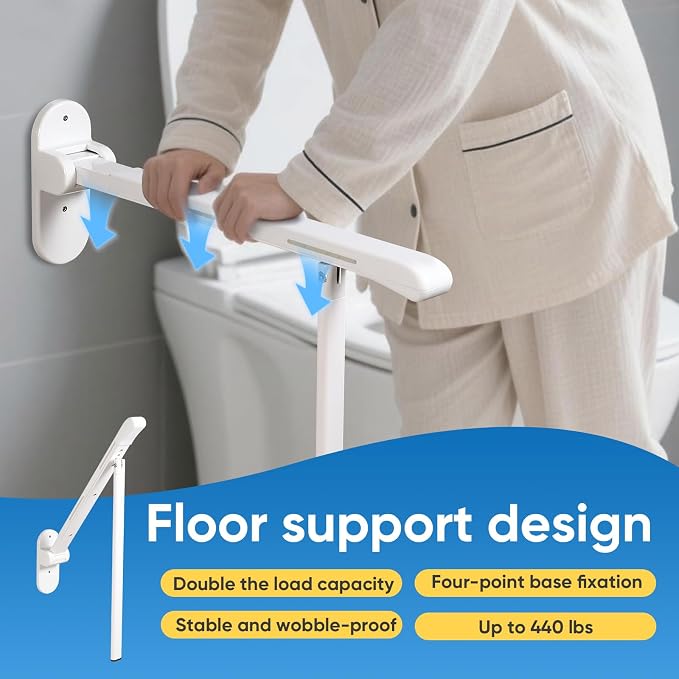 26.8 INCH Flip-Up Toilet Grab Bar with Support Leg, Wall-Mounted Safety Rail for Bathroom, Night Glow Strips on Both Sides, Folding Handrail for Elderly & Disabled
