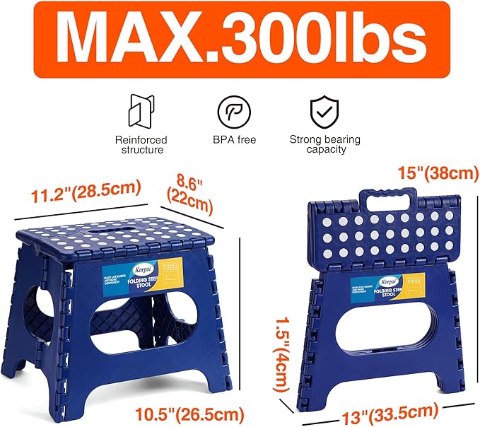 Korpai 11" Folding Step Stool for Adults and Kids Holds Up to 300 lbs,Non-Slip Folding Stools with Portable Handle, Compact Plastic Foldable Step Stool for Bathroom,Bedroom, Kitchen Royal Blue,1PC