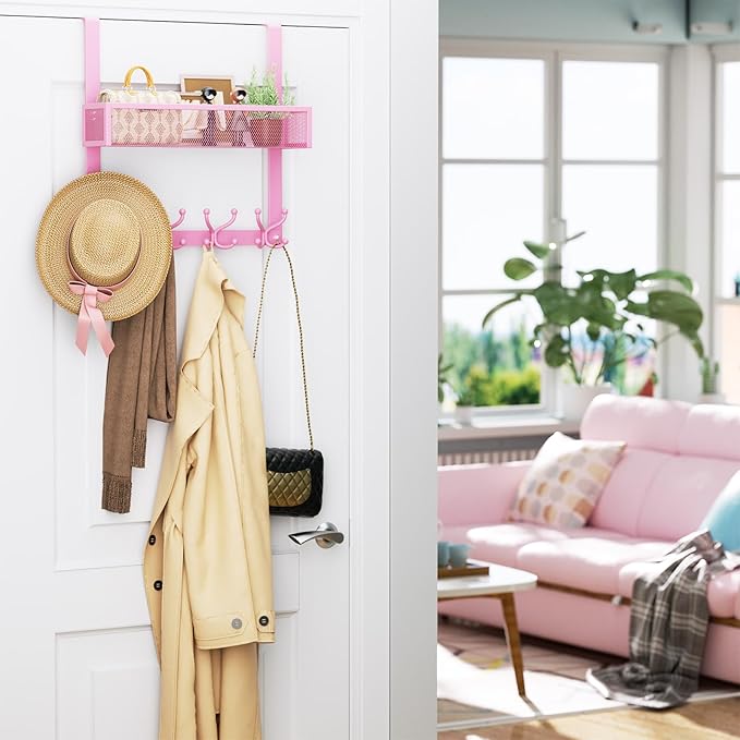Consumest Over The Door Hooks Organizer - 2 Tier Over Door Hanger with 16 Hooks & 2 Baskets for Hanging Coat, Clothing, Towel, Back Storage for Bathroom, Closet, College Dorm, Pink