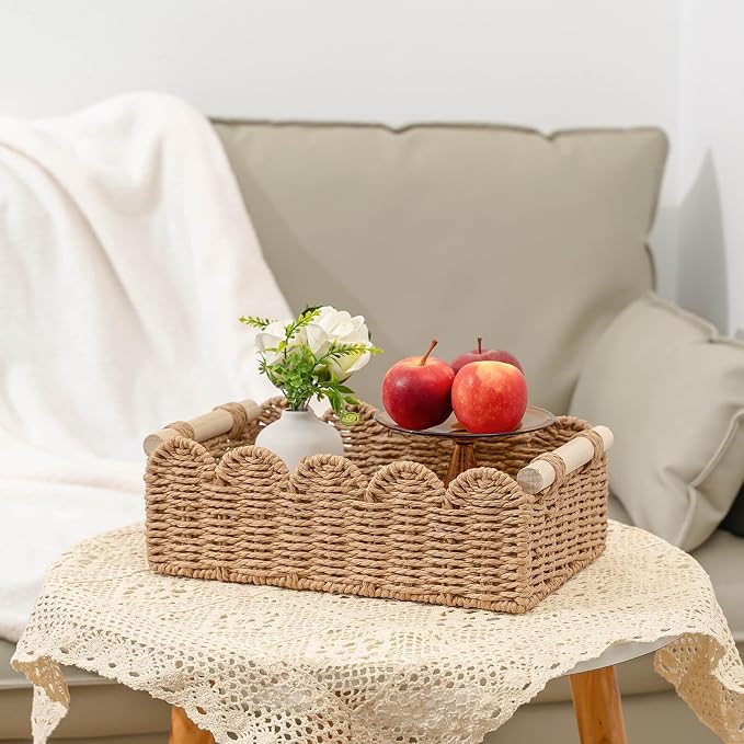 CubesLand Toilet Paper Storage Organizer Basket, Scalloped Decorative Baskets for Over Toilet Shelves, Wicker Small Basket Perfect for Home Countertop Storage & Decor, Living Room Shelf Decor, Neutral