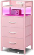 Lazzanto Night Stand Bedside Charger Bedroom - Nightstand with Charging Station & LED Light Strip, Night Stand with Storage Shelf & 3 Fabric Drawers, Morden End Table with USB Ports&AC Outlets,Pink