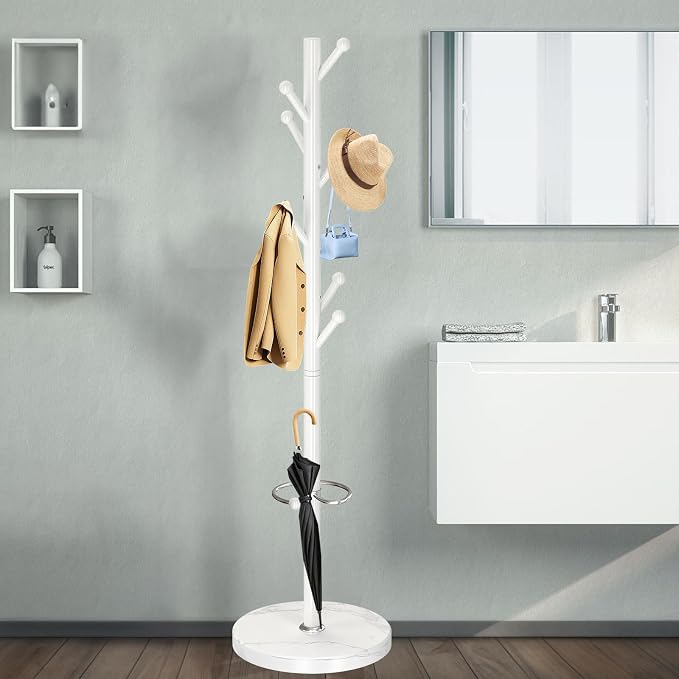 OIRUMIE Coat Rack with Natural Marble Base, Metal Coat Racks Freestanding, Modern Coat Rack Stand with 8 Hooks& Umbrella Holder, White Coat Clothes Tree Hats Hanger Stand for Entryway, Hallway