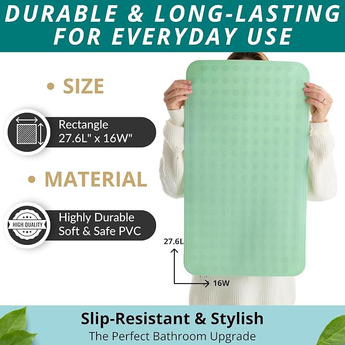 ENKOSI Non Slip Shower Mat – Bath Mat for Tub and Shower Floors – Anti Slip Bathtub Mat with Strong Suction Cup Grip – Soft, Green Bathroom Mat for Inside Bath and Shower Floors (28x16 Aqua Green)
