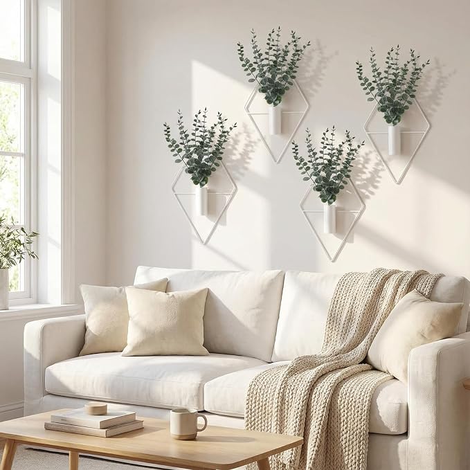 Jexine 4 Pcs Hanging Planters with Artificial Eucalyptus Metal Hanging Vase Indoor Plants Holder Modern Geometric Boho Bathroom Wall Decor for Living Room Home Office (Eucalyptus,White)