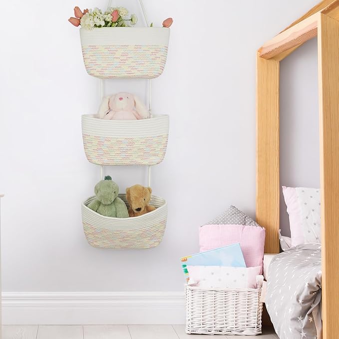 TeoKJ Over the Door Hanging Basket, 3-Tier Woven Cotton Wall-Mounted Storage Organizer Bag Decorative Hanging Nursery Baskets, White & Rainbow Stitching