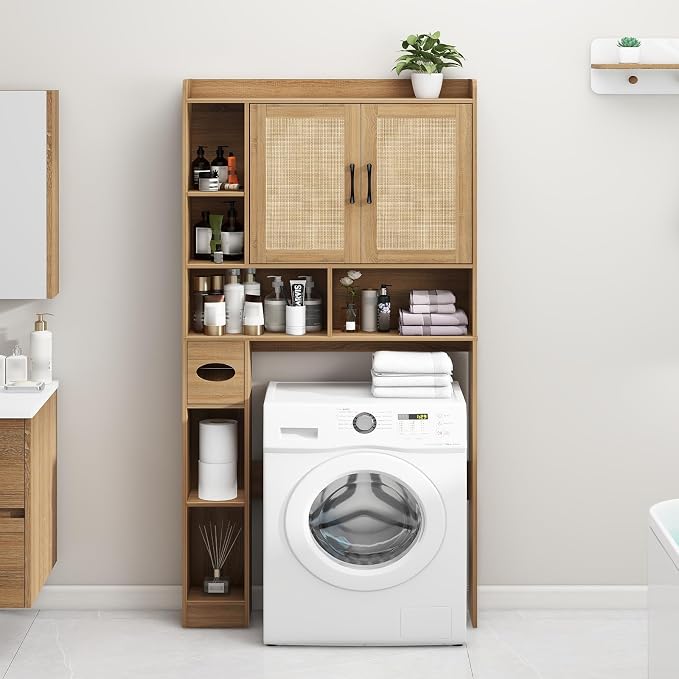 Vabches Farmhouse Rattan Storage Cabinet Over Toilet - 2 Door with Toilet Paper Holder - Space-Saving for Bathroom, Oak