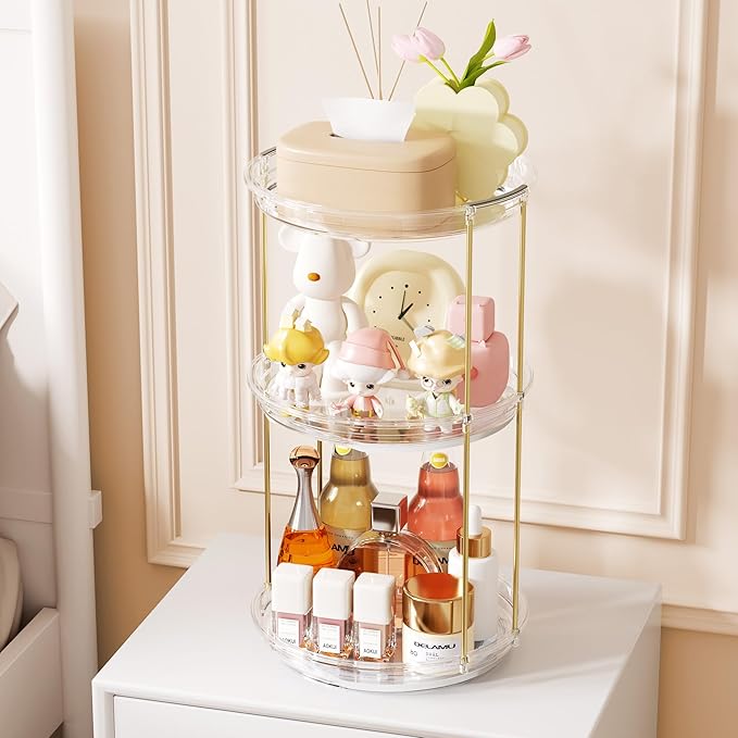 Delamu 3 Tier Rotating Makeup Organizer for Vanity, Skincare Organizer for Bathroom Counter, Spinning Perfume Organizer Cosmetic Holder with Large Capacity, Clear