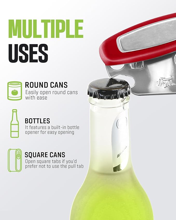 Multifunctional Can Opener Manual, Durable Heavy Duty Handheld Strong Can Opener with Smooth Cutting Edge, Friendly Kitchen Essentials Tool for Seniors, Camping and Bottle Opening-Red