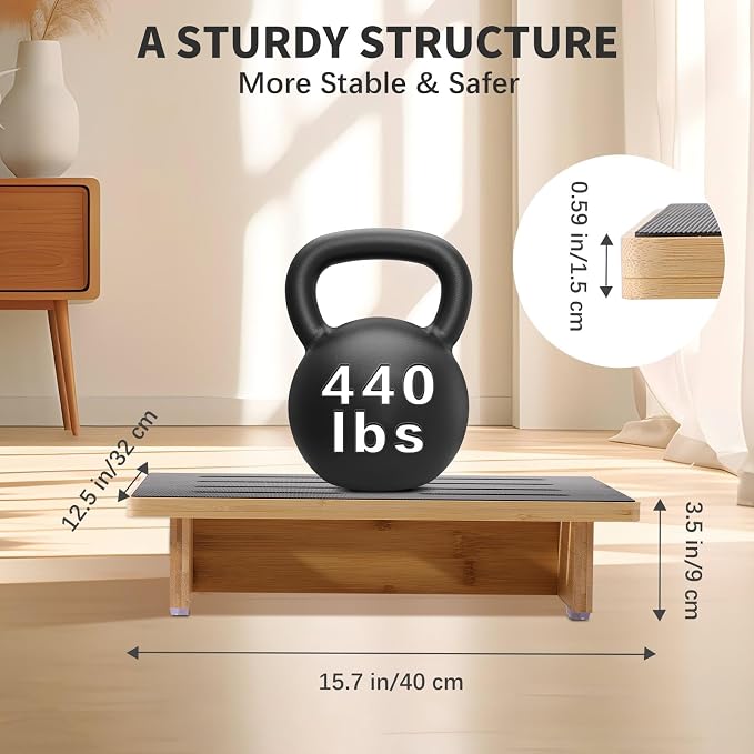 Roylvan Step Stool for Adults, 3.5" Bed Step for High Beds, Non-Slip Stepping Stool with Load Capacity of 440 lbs, Wooden Step Stool for Seniors, Kids, Bedside, Shower, Kitchen Use, Beech Wood/Black