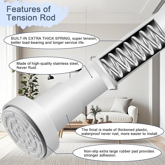 YNL White Shower Curtain Rod 32-64 Inch(2.7-5.33ft), Non-Slip, Never Rust, Stainless Steel No Drill Spring Tension Shower Rod, Adjustable Long Curtain Rod for Bathroom Window