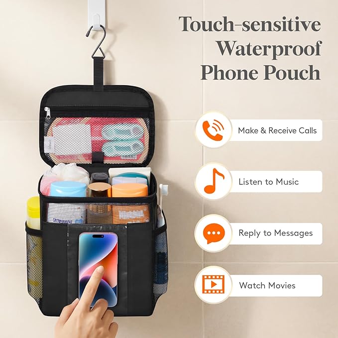 Lifewit Mesh Shower Caddy Bag Portable, Quick Dry Hanging Bathroom Organizer with PVC Phone Bag, College Dorm Room Essentials for Travel, Gym, Camping, Toiletry Tote for Women Men, Medium, Black