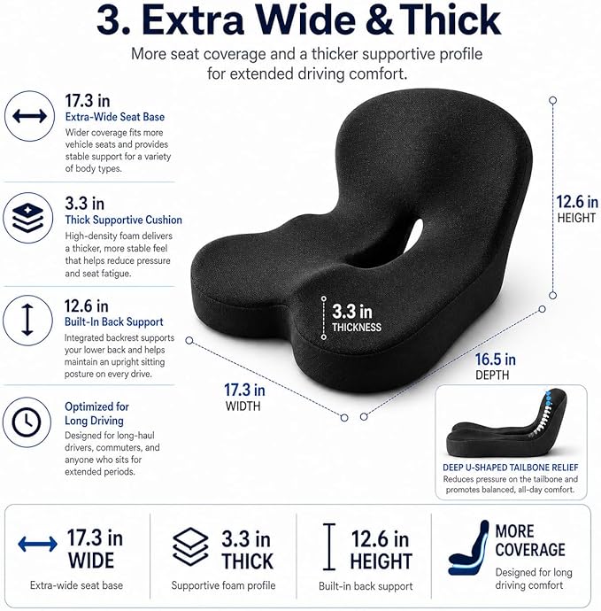 Orthopedic Cushion for Car, Extra Wide Thick Seat Cushion for Long Haul Driving with High Density Support and U-Shaped Tailbone Relief for Truck Drivers and Commuters (Black)