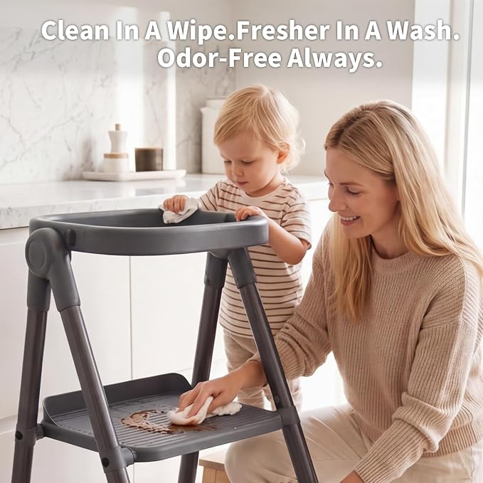 Toddler Step Stool Foldable, Kids Step Stools for Kitchen Counter, Foster Independence Learning Stool with Safety Guards&Net, Toddler Sturdy Standing Tower Kitchen Helper,Black