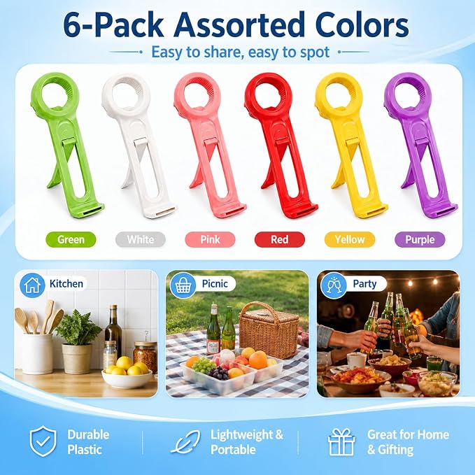 6-Pcs 3 in 1 Multi-Purpose Jar Key Lid Opener, Plastic Bottle Cap Opener, 5.83 Inch Manual Can Opener for Seniors & Arthritis