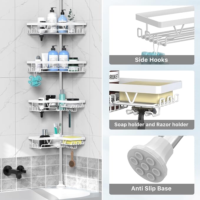 DAOYA Shower Caddy Tension Pole Corner - Stainless Steel Bathroom Organizer White Tension Rod Shower Shelves for Tub(22-114.2inch), Renter Friendly