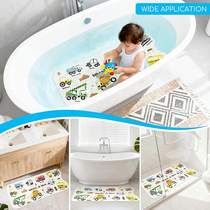 Baby Bath Mat for Tub, Non Slip Kids Bath Shower Mat, 40 X 16 Inch Large Bathtub Mat with Drain Holes and Suction Cups for Toddlers, Machine Washable and Waterproof (Excavator)