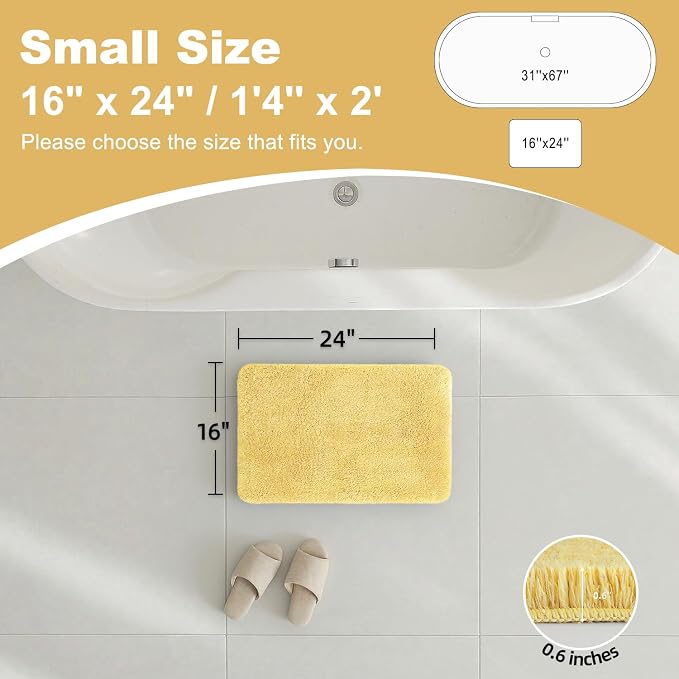TYUU Yellow Bathroom Rugs, Ultra Soft Bath Rugs Non Slip Washable, Super Absorbent Quick Dry Small Bath Mat with Rubber Backing for Bathroom Floor, Shower, or Sink, Yellow 16" x 24"