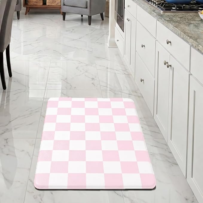 Pink Checkered Grid Checkerboard Kitchen Rug Sets [1 PC], Anti-Fatigue, Waterproof Non-Slip Kitchen Mats Heavy Duty Ergonomic Comfort Foam Rug for Floor, Home, Laundry,17.3"x29"
