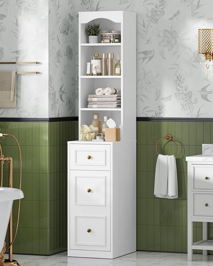 67" Tall Bathroom Storage Cabinet with 4 Open Shelves, Drawer & Cabinet, L-Shaped Narrow Bathroom Storage Cabinet with Adjustable Shelf, Bathroom Storage Cabinet for Bathroom, Living Room, White