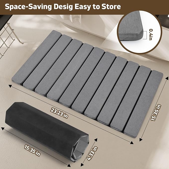 Foldable Stone Bath Mat, 2 PCS Quick-Dry Diatomaceous Earth Stone Drying Mat for Bathroom, Non-Slip Rubber Base, Shower Mat Outside Shower, Easy to Store, Easy to Clean (Grey 24"×16" & 8"x4")
