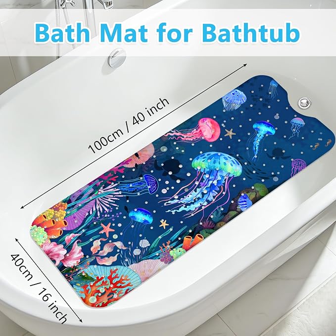 Baby Bath Mat for Tub Non Slip – 40"x16" Extra Long Cartoon Bathtub Mats for Kids Non Slip Shower Mat, Machine Washable, Sea Tub Mats with Suction Cups and Drain Holes for Toddler & Kids (Jellyfish)