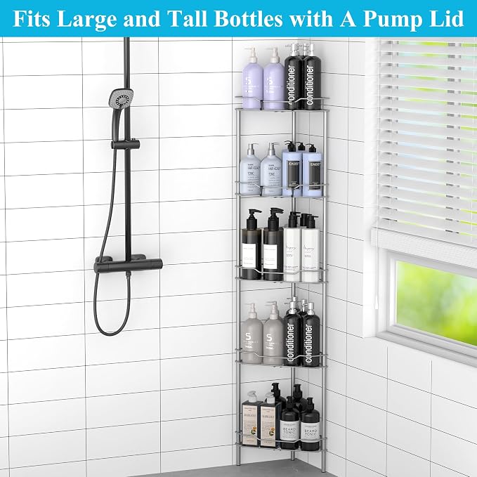 HuggieGems 5 Tier Floor Standing Corner Shower Caddy Organizer Shelf with Hooks, Bathroom Shelves Stand Rack, Gray