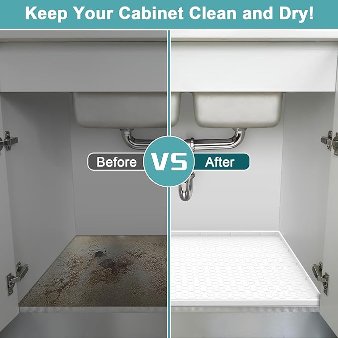 Under Sink Mats for Kitchen Waterproof, Silicone Under Kitchen Sink Mat and Protector for 34" x 22" Cabinets, Under Sink Organizer Tray, Shelf Liner Cabinet Liner for Bathroom, White