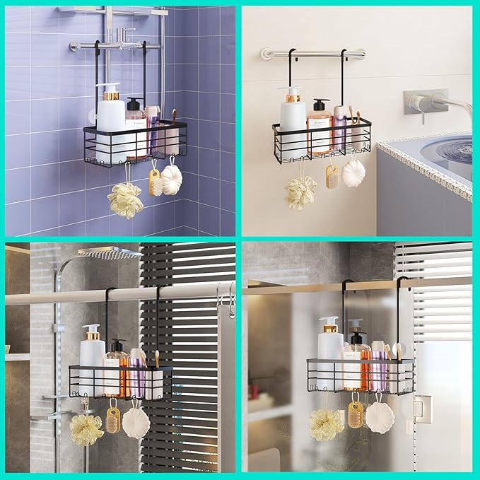 HapiRm Hanging Shower Caddy Organizer - No Drilling Shower Organizer with Hooks, Rustproof & Waterproof 304 Stainless Steel Bathroom Shelves - Black (1 Basket)