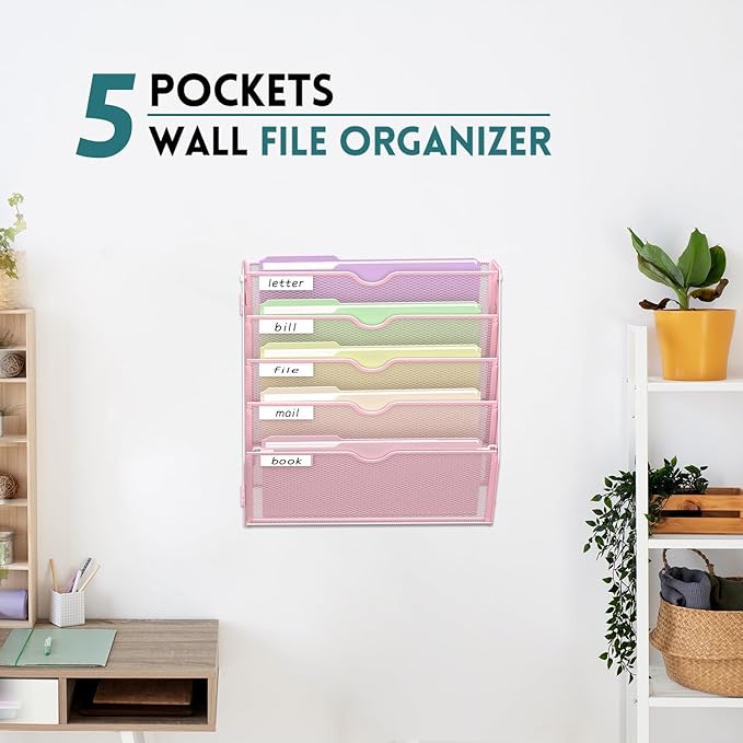SUPEASY 5 Tier Wall File Organizer, Hanging Wall Mounted Mail Organizer with Label Slots, Metal Mesh File Holder Magazine Rack for Office, Home, School, Pink