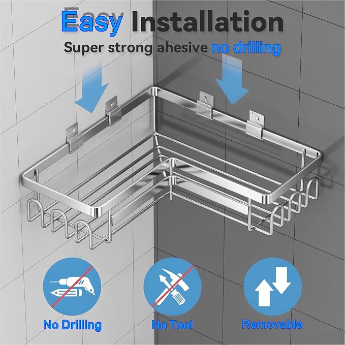 Adhesive Shower Caddy Shelf Organizer Rack,Rustproof Stainless Steel Bathroom Organizer with Large Capacity, No Drilling Corner Shower Shelves for Bathroom Storage & Home Decor