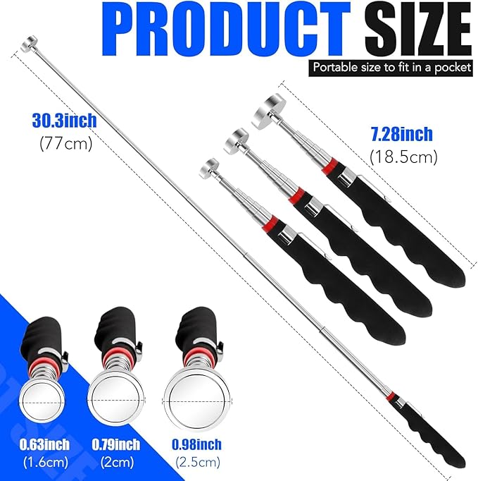 3PCS Telescoping Magnetic Pick Up Tool Extendable up to 31", 30lb 40lb 80lb Telescopic Magnet Stick with Extra Strong Magnet for Men, Husband, Birthday, Father's Day, Christmas