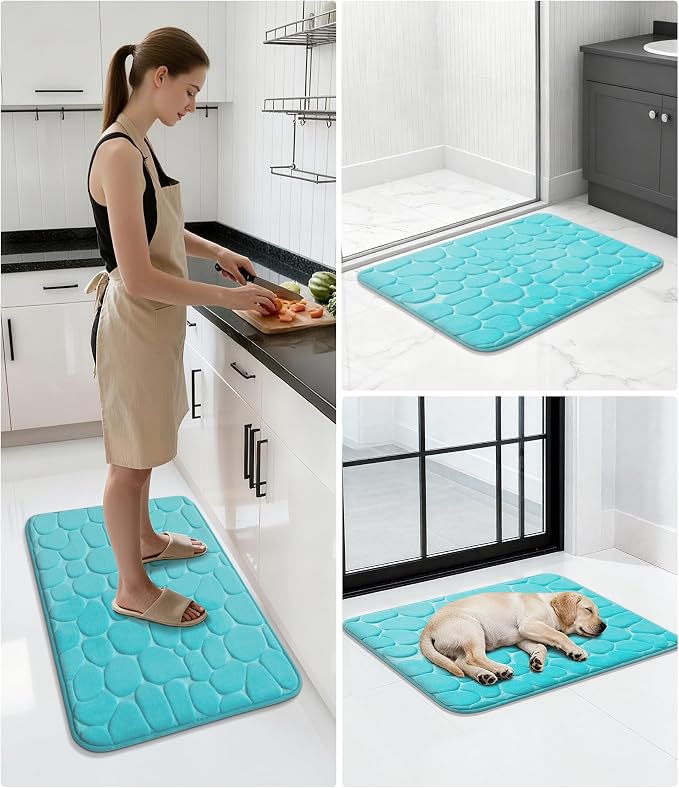 YIHOUSE Memory Foam Runner Rug, Cobblestone Bathroom Runner Rugs Super Water Absorbent Bath Mats for Bathroom Machine Washable Bath Rugs for Hallway Bedroom Laundry Room(24 x 47,Teal)