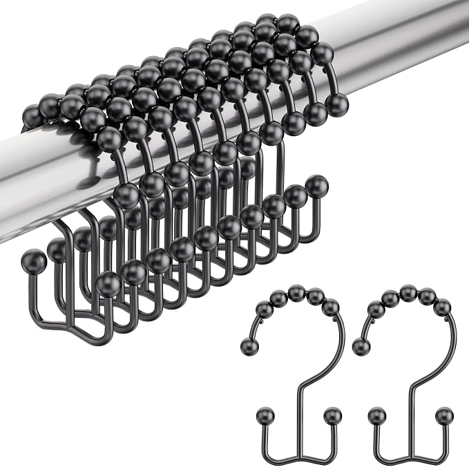 Amazer Black Shower Curtain Hooks, Shower Curtain Hooks Rust Proof 12 Pcs Stainless Steel Shower Hooks for Shower Curtain, Double Shower Curtain Hooks for Bathroom Shower Rods Curtain