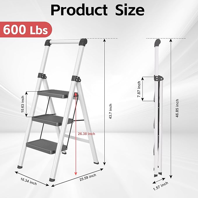 Foldable Step Ladder Stool for Home,3 Step Stool with Wide Anti-Slip Pedal, Heavy Duty 600Lbs Ladder for Indoor Kitchen Closet Stair Use, Black Grey