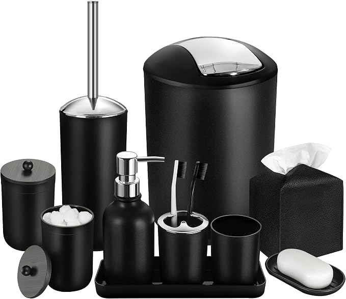 Black Bathroom Accessories Set, 10Pcs Bathroom Accessory Set with Trash Can, Soap Dispenser and Toothbrush Holder, Soap Dish, Cotton Ball & Qtip Holder, Toilet Brush Holder, Tissue Box Cover
