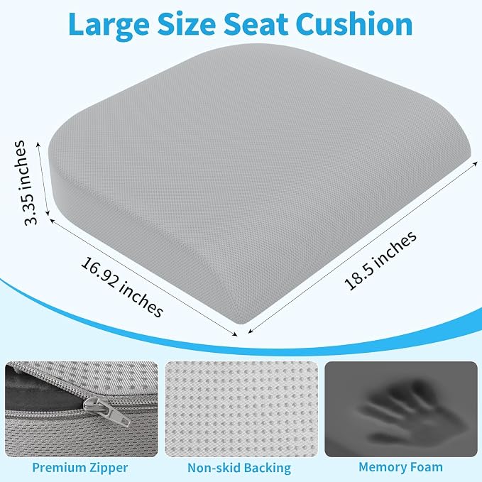 TranquilRelax XLarge Seat Cushion, Memory Foam Cushion for Long Sitting Hours on Office Chair, Home & Car, Non-Slip Chair Pad for Relieving Back & Sciatica & Hip & Coccyx Pain (Light Grey)
