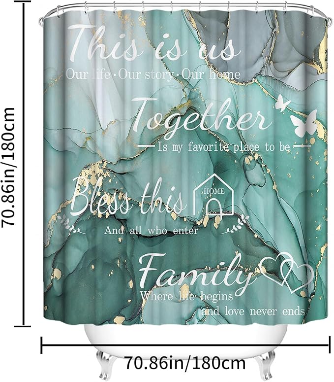 4Pcs Family Marble Shower Curtain Sets with Rugs,Green Home Inspirational Bathroom Decor Set, Bathroom Sets with Shower Curtain and Rugs, Waterproof Bathroom Shower Curtains, with 12 Hooks