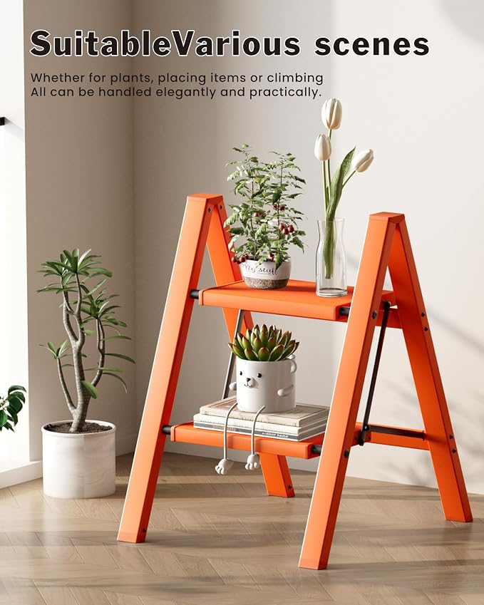 2 Step Ladder, Aluminum Lightweight Folding 2 Step Stool with Anti-Slip Wide Pedal,330lbs Capacity Steel Ladder for Household and Office(Hermes Orange)