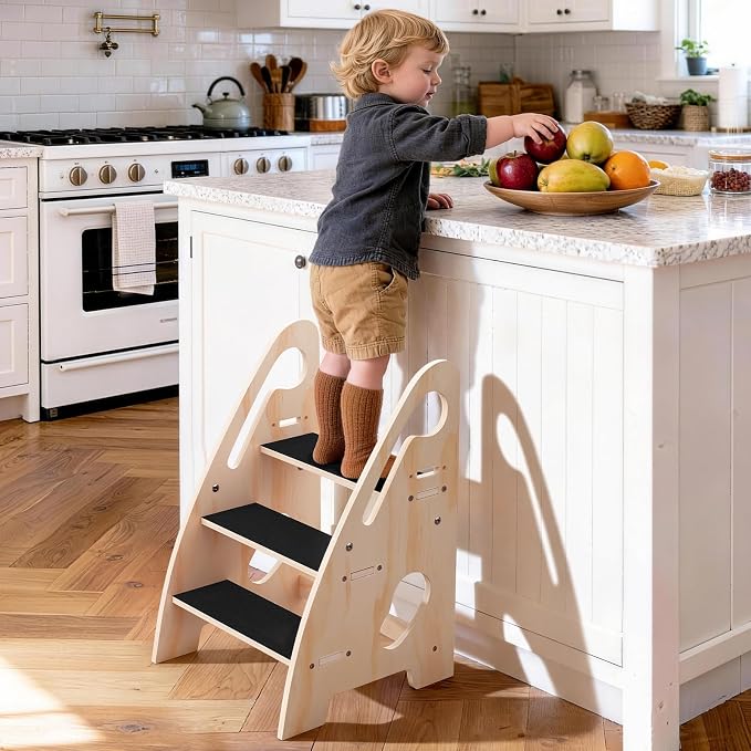 Toddler Step Stool, Wooden Height-Adjustable 3-Step Stool for Kids, Potty Training Stool with Handles and Non-Slip Pads for Bathroom Sink, Kitchen, Bedroom