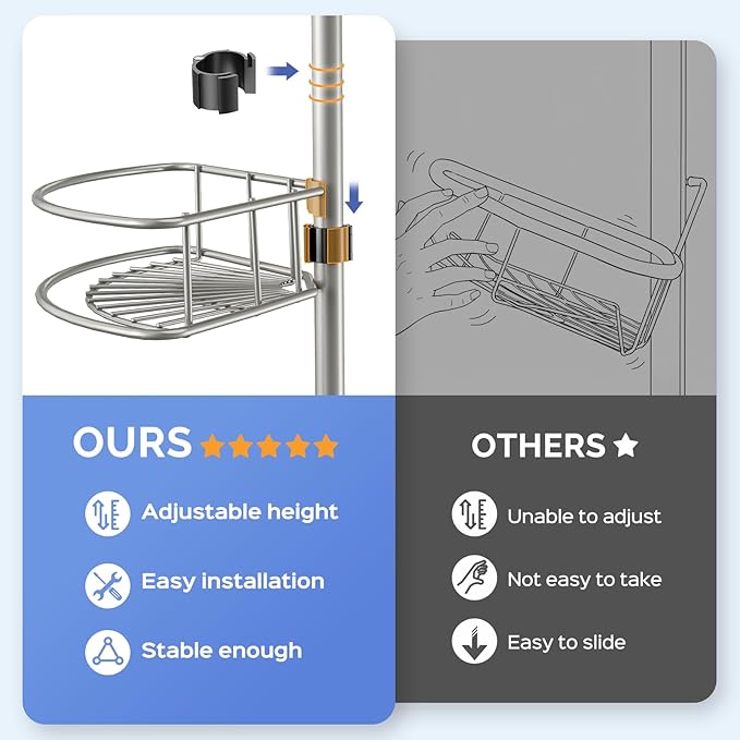HAMITOR Shower Caddy Tension Pole: 4-Tier Corner Rustproof Bathroom Organizer - No-Drill Adjustable Shower Shelf for Renters - Floor to Ceiling Family Apartment Storage Rack - 47-121 Inch Silver Gray