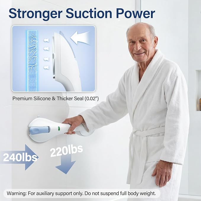 17.5″ Grab Bars for Bathtubs and Showers with Indicator Suction Grab Bar, Heavy Duty Shower Handle for Seniors and Elderly, No Drilling Removable Safety Shower Handles for Bathroom, New Blue