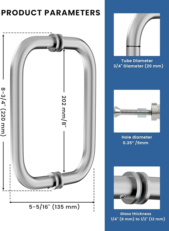 Shower Door Handle, 8 Inch Hole Centers (CTC), 304 Stainless Steel Back-to-Back Glass Door Pull Replacement Hardware for Frameless Sliding Bathroom Doors, Heavy Duty Tubular Grip, Brushed Nickel