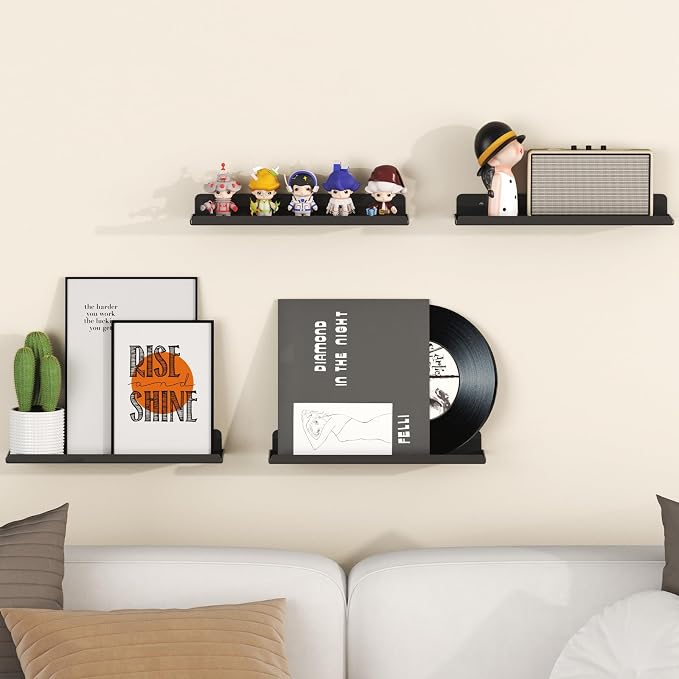 Lifewit Floating Shelves for Wall, Acrylic Display Shelf Wall Mounted for Figure, Car, Art, Book, 14" Perfume Organizer for Bathroom, Bedroom, Living Room, Nursery, Home Decor, Black, 8 Pack